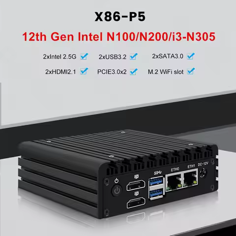 Topton P5 12th Gen Micro Firewall Computer Intel i3 N355 N305 N150 N100 DDR5 2xi226-V 2.5G LAN Fanle