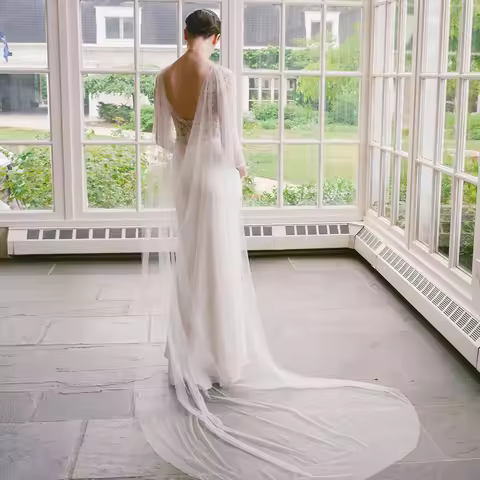 Glitter Tulle Long Detachable Trailing Cape Elegant Romantic Wedding Bridal Shawl for Bride Evening 
