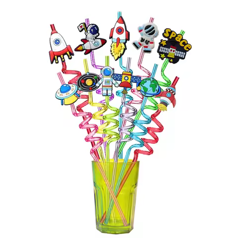 8pcs Reusable Universe Space Rocket Astronaut Straws Drinking Straws for Kids Space Astronaut Birthd