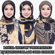 Tudung Bawal Chiffon Voile Printed NJ Exclusive Black Gold Edition (Borong)