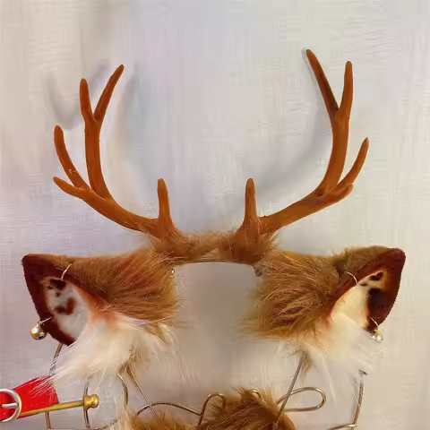 New Customized Beast Brown Deer Horns Ears Hair Hoop Headwear Bell Earrings Tail Christmas Costume A
