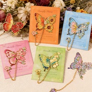 6pcs Floral Theme Golden Bookmarks With Pendant Chain, Iron Material, Aesthetic Pattern Flower And B
