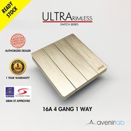 reTouch Ultra Rimless 4 Gang 1 Way Wall Switch Frameless SIRIM Approved [GOLD]