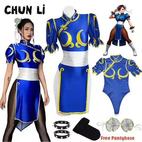 Women's Street Fighter Chun Li Cosplay Costume Game Fighter Chunli Blue Cheongsam with Headdress and