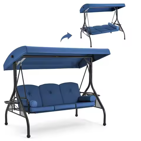 Outdoor Porch Swing with Adjustable Canopy, Convertible 2in1 Patio Swing Bed with Heavy Duty Stand,