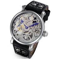 rougois Mechanique Silver Skeleton Watch Leather Black Rivet Band