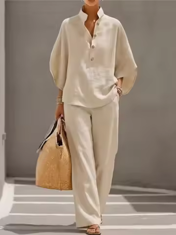 Fashion Cotton Linen Button Stand Collar 7 Quarter Sleeves Loose Women's 2-piece Suit Spring Casual 