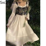 2021 Autumn Pure Color Y2k Midi Dress Women Elegant Vintage Lolita Dress Female Korean Style 2 Piece