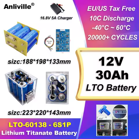 12V 14.7V 30Ah 30000mAh LTO Battery Pack, 300A 10C Discharge, 20000+ Cycles for High Power EV Solar 