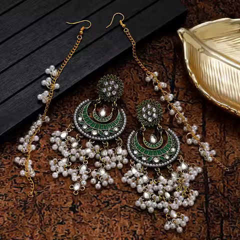 Bohemia Green Long Earrings for Women Geometric Multilayer Pearl Tassel Earrings Ethnic Crescent Cry