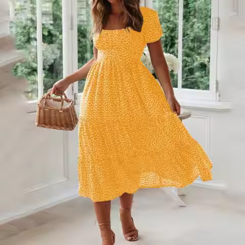 Europe and America new hot square neck puffy sleeve floral dress long dress