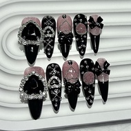 10PCS Y2K Gyaru Kei Black Pink Long Tip Handmade Press On Nails Jirai Bow Love Diamonds Glitter Fake