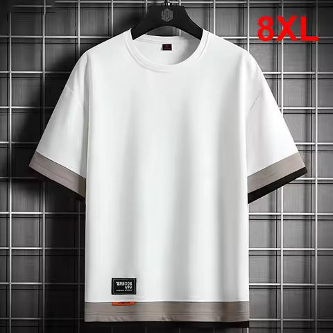 Fake Two Pieces T-shirt Men 8XL Plus Size Tops Tees Fashion Casual Summer Short Sleeve Tshirt Big Si