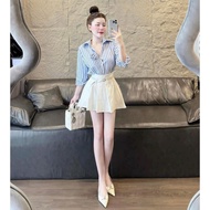 THAO MINHON women's big size shirt set, long-sleeved striped shirt with floral tag, pants and skirt 