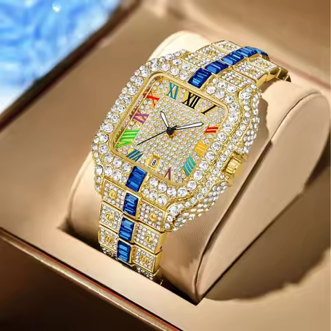 Silver Color Square Diamond Quartz Watch Men Bling Luxury Brand Steel Fashion Timepiece Novelty Shin