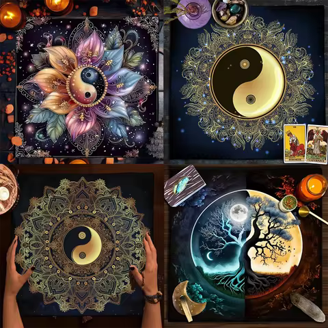 Yin-Yang Mandala Tarot Tablecloth Wicca Altar Cloth Starry Sky Floral Divination Mat for Tarot Readi