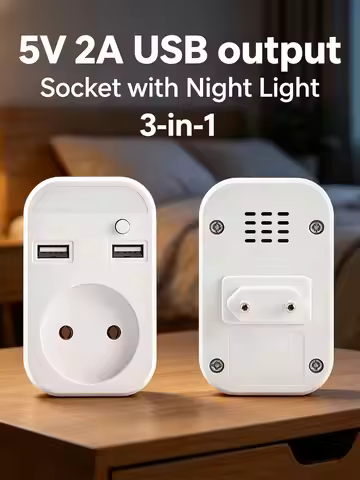 EU Plug Adapter with EU Socket 2 USB Ports 5V 2A with Night Light 3‑in‑1 Power Outlet DZ-01