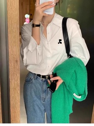 Mardi Johnson เสื้อเชิ้ตแขนยาวทรงหลวมพิมพ์ลาย RR สีเขียวมิ้นต์ ปกป้องแสงแดด ทรงหลวม ฤดูใบไม้ผลิและฤด