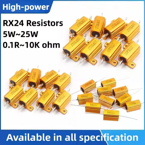2pcs RX24 5W 10W 25W Gold aluminum shell Resistor 0.1R 0.22R 1R 1.5R 2R 10 12 15 47 75R 100 120R 200