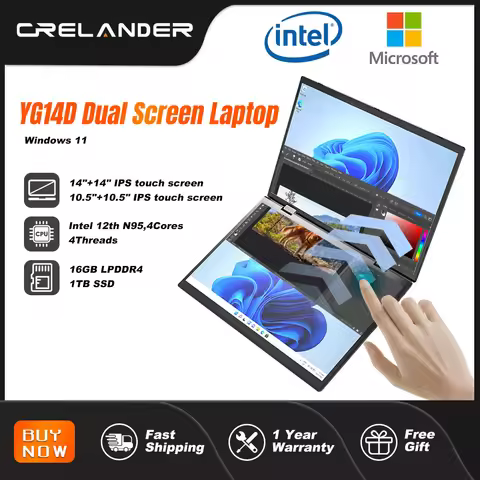 CRELANDER Dual Screen Laptop 14+14 Inch 2K Touch Screen Notebook Intel N95 CPU 360 Degree Flip Metal