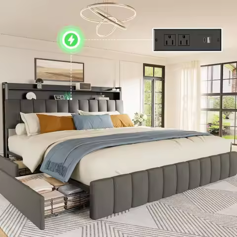 PRAISUN Bed Frame King Size with Upholstered Headboard & Charging Station, King Bed Frame with 4 Sto