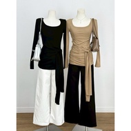 INFINITY : Miel Top (Miel) Long-Sleeved Shirt Round Neck Padded Shoulders To Make You Look Slimmer. 