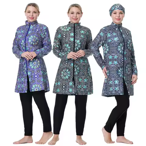 Women Muslim Swimwear Printing Islamic Clothes Hijab 3 Pcs Long Sleeves Sport Swimsuit Burkinis Bath