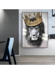 獅子王金皇冠圖片居家裝潢壁掛無框海報+版黑白動物畫布畫
