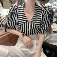 Retro Striped Puffed Sleeve Top - Summer Loose Slimming Fit for Women H6J7