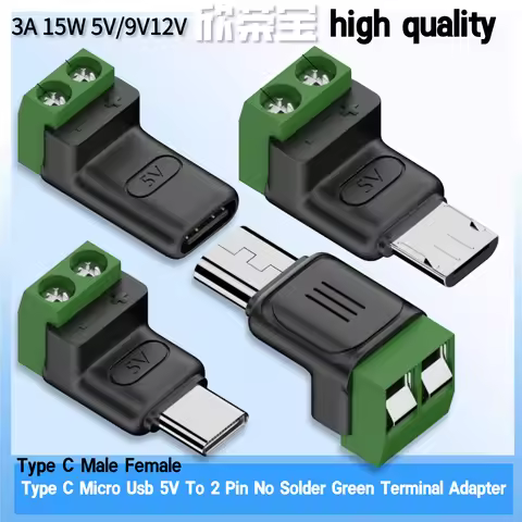 Type C Male Female Micro USB5V/9V/12V To 2Pin No Solder Green Terminal Adapter Quick Connection Head