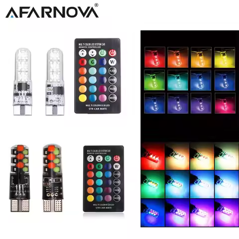 2x T10 RGB LED W5W 5050 SMD Car Dome Reading Light Automobiles Wedge Lamp RGB LED Bulb With Remote C