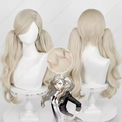 Ann Takamaki Cosplay Wig 58cm Long Ponytails Light Linen Gold Hair Heat Resistant Synthetic Wigs
