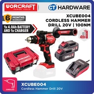 Worcraft XCUBE004 Cordless Brushless Hammer Drill 20V 100Nm come with 2x 4.0Ah Battery 1x Charger & 