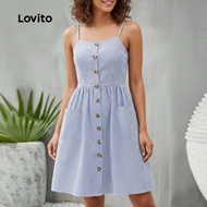 (trendy3) Lovito Casual Dress Button Front Pocket Striped Spring/summer Blue Dress for Women L138ED4