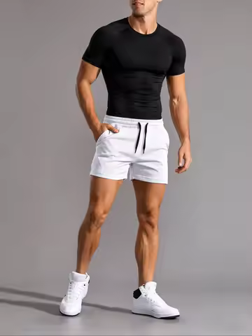 Men's white summer sports shorts, simple & stylish. Trendy 3-point, casual 4-point shorts, mid-lengt