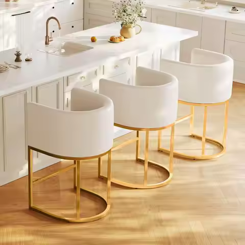 Set of 3 PU Leather Barrel Back Bar Stools, 26 High, Metal Gold and Beige White, Counter Height Kitc