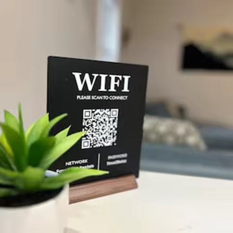 Custom WiFi QR Code Acrylic Sign with Wood Base Table Sign for Home Airbnb Salon Spa Small Business