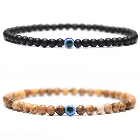 Simple 2Pcs/Pair Turkey Evil Eyes Stone Bracelet Unisex Handmade 4mm Onyx Tiger Eyes Beaded Braslet 