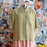 中古草綠色玫瑰花刺繡領口寬鬆短袖皺布外套襯衫日本古著文青時裝