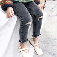 Korean Version Children's Clothing Girls' Skinny Stretchy Ripped Jeans Spring Clothes Western Style 