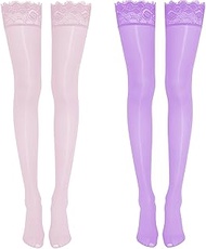 Men’s Sissy Thigh High Stockings Over Knee Oil Shiny Lace Trim Silicone Grip Femboy Crossdresser Soc