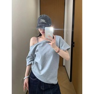 Pure Cotton Printed Slanted Shoulder Women's One-Shoulder Back Bag T-Shirt 220 40 Odal Collar Off-th