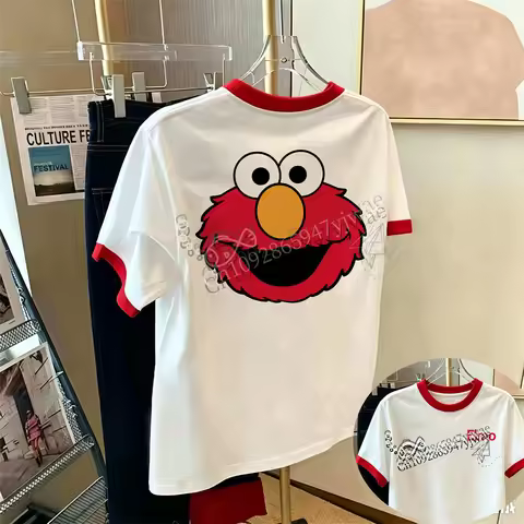 Sesame Street T-shirts Elmo Oscar Big Bird Cookie Monster Cute Character Graphic Top Fashion StreetW