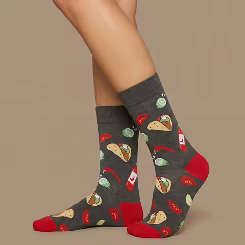 1 Pair of Unisex Socks with Dark Gray Background, Taco and Chili Sauce Pattern, Red Contrast Heel an