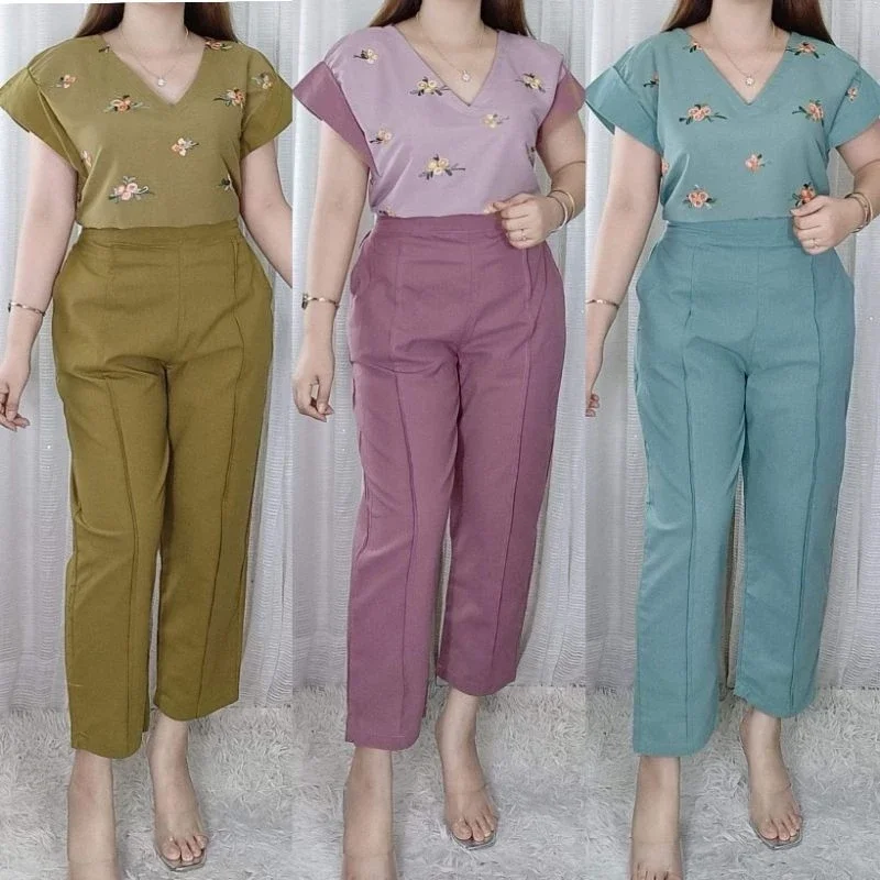 CALESHA| CARLYN COORDINATES (Fit M-XL) CASUAL OUTFIT FOR WOMEN EMBROID TOP & LINEN PANTS SET BEST SE
