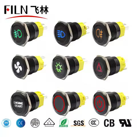 FILN 12V 19mm Warning LED Indicator Light Panel Metal Push Button Switch Lock and Momentary on Off w