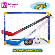 Mitoyos Kids 2 in 1 Hockey Football Game Toy Soccer Net Goal Hover Puck Stick Set Belajar Main Hoki 