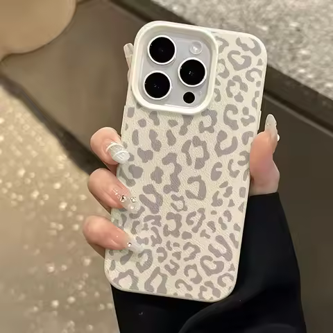 Grey Leopard Print Pattern Lychee Phone Case For iPhone 17 Pro Max 13 16 15 11 12 14 Pro Max X XS XR