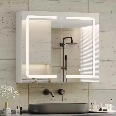 Illuminated Double Door Wall-Mounted Medicine Cabinet with Adjustable Shelves, 27.6x23.62 inches, Wh