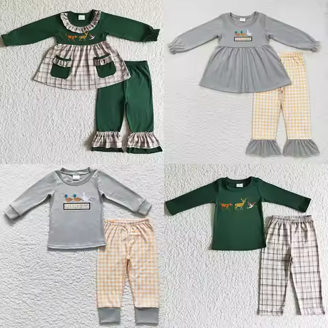 Hot Sale Baby Girls Clothes Duck Deer Embroidery Fall Hunting Pants Sets Boutique Kids Sibling Cloth
